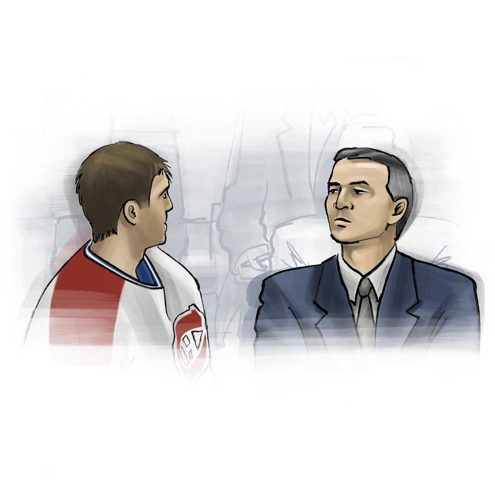 Dessin d'un regard tendu entre Patrick Roy et Mario Tremblay
