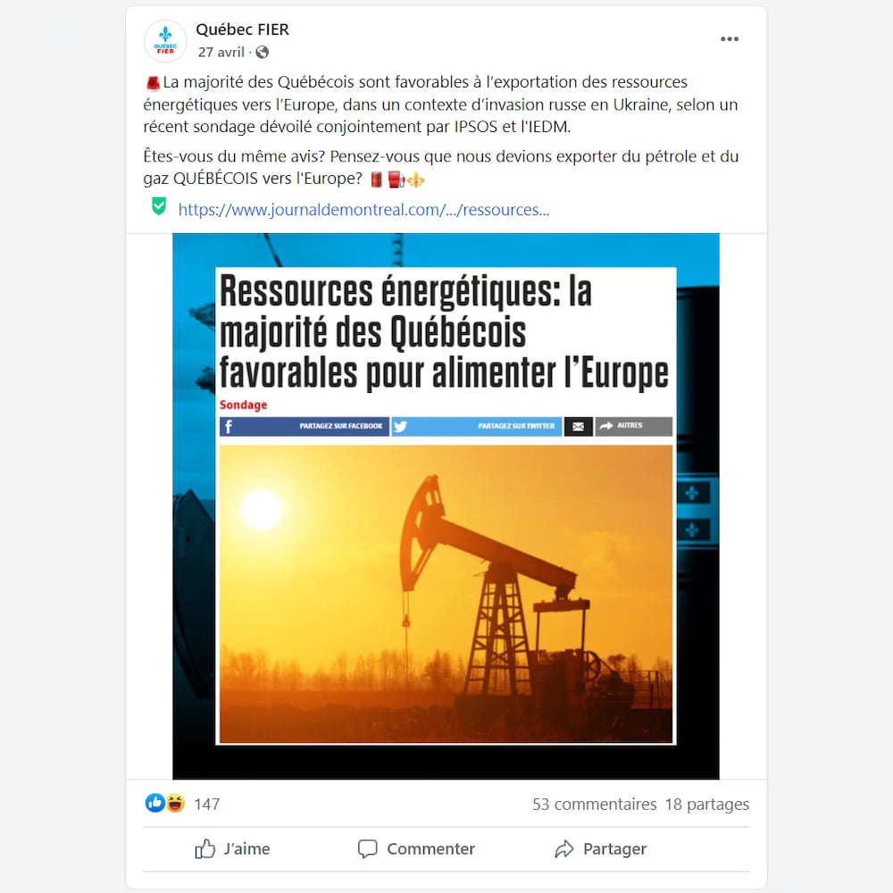 Une publication de Québec Fier au sujet d'un sondage sur l'exportation des ressources énergétiques en Europe, avec une capture d'écran d'un article du Journal de Montréal en soutien visuel. 