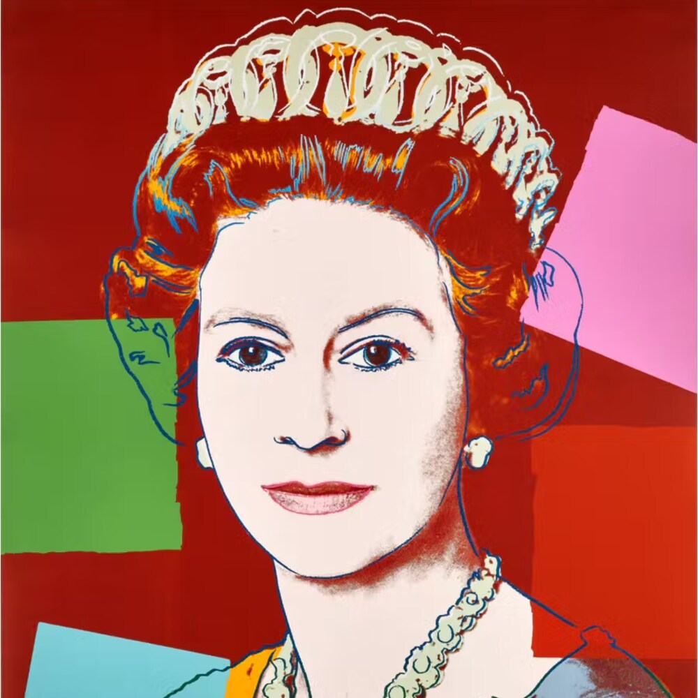La reine illustrée en style pop art, avec du rouge, du vert, du rose et du bleu.