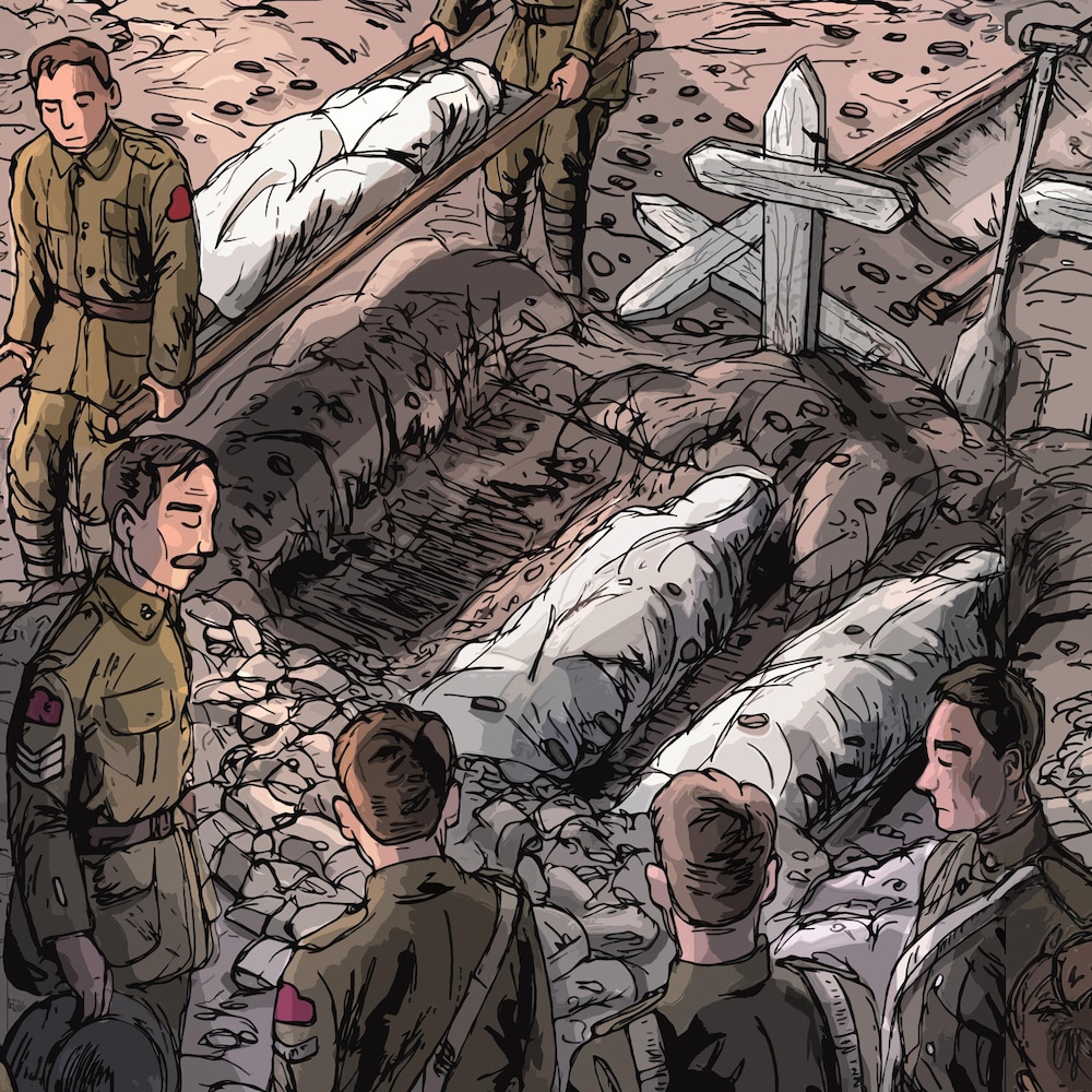 L'illustration montre des soldats en train de déposer des corps enroulés dans des linceuls dans des tombes de fortune.