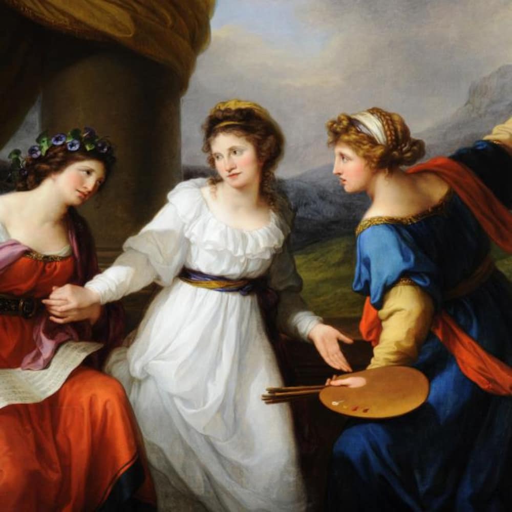 Oil painting on canvas, Self-portrait the Artist hesitating between the Arts of Music and Painting by Angelica Kauffman RA (Chur 1741 ¿ Rome 1807), signed on the artist's sash: Angelica Kauffn Sc. & P. Pinxit, Rome 1794. Angelica Kauffman was born in Switzerland, but settled in London in 1766. She was one of the most prominent English artists of the 18th Century, one of only two founding female members of the Royal Academy and the last woman to be admitted until 1922. This painting, which is a