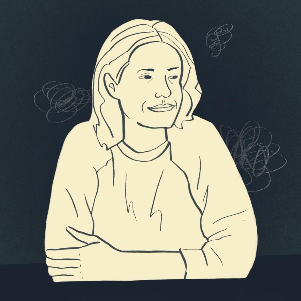Illustration d'une femme appuyée sur une table.