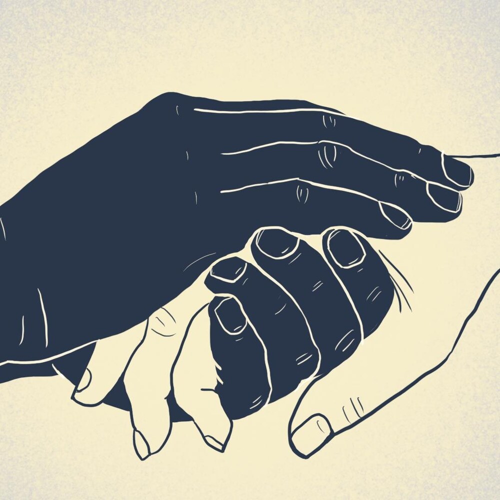 Illustration e mains qui tiennent la main de quelqu'un d'autre.