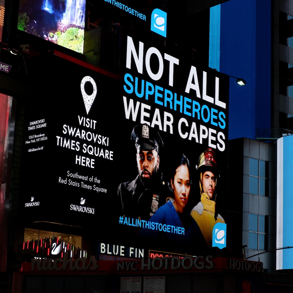 A message of support for healthcare workers, police and firefighters in Times Square.