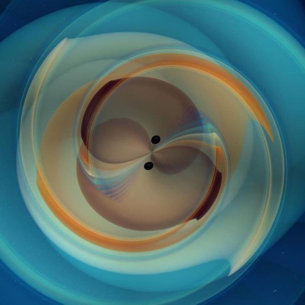 Illustration montrant un couple de trous noirs en orbite l'un autour de l'autre.
