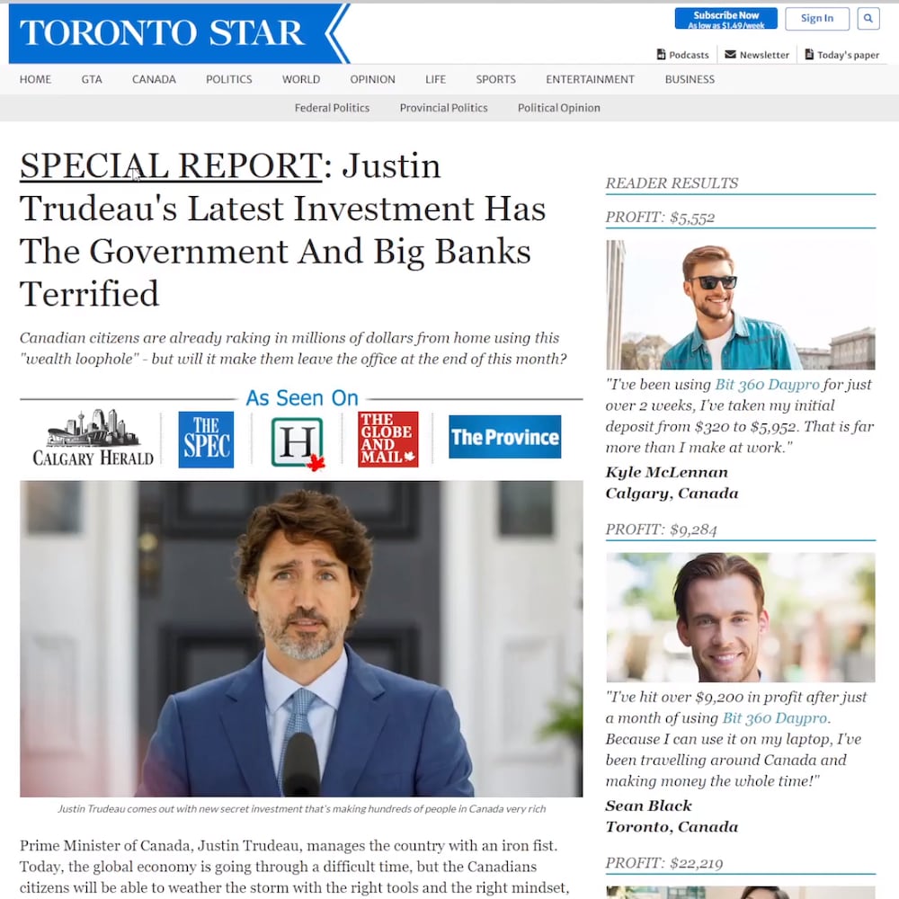 Un faux article du Toronto Star mettant en scène le premier ministre du Canada, Justin Trudeau.