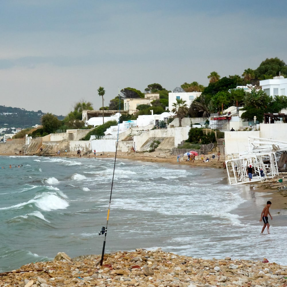 Paysage de bord de mer. En arrière-plan, on voit des maisons blanches typique de la Tunisie, des palmiers et un cap montagneux. Un enfant marche sur la plage. Une canne à pêche est plantée dans les galets.