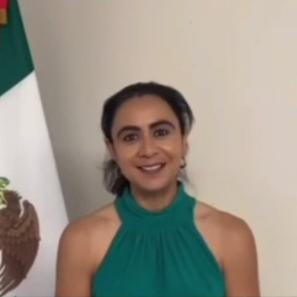 Un portrait de Vanessa Calva Ruiz près d'un drapeau mexicain.
