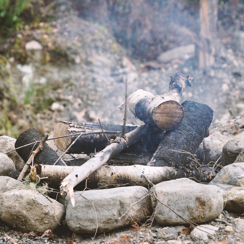 Un feu de camp en forêt éteint. De la fumée s'échappe des quelques bûches restantes. Le feu était entouré de roches.