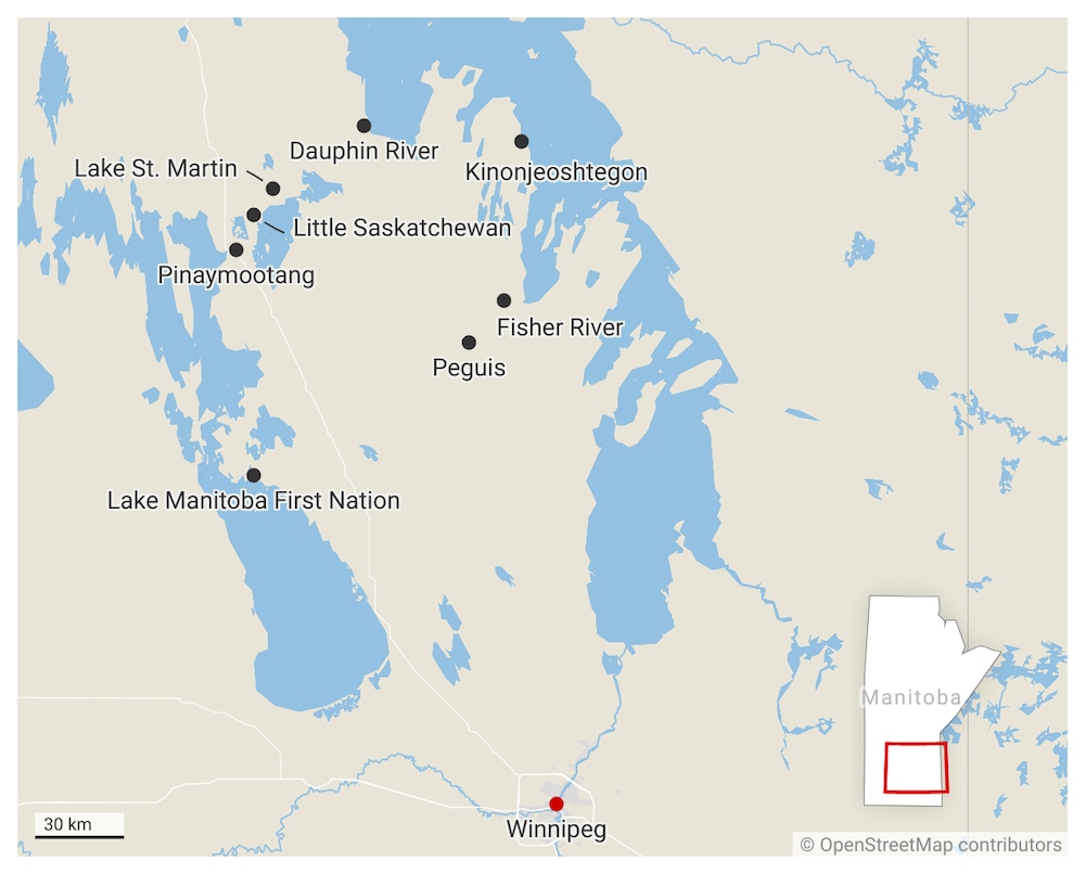 Une carte montrant l'emplacement de plusieurs communautés autochtones au nord de Winnipeg, au Manitoba.