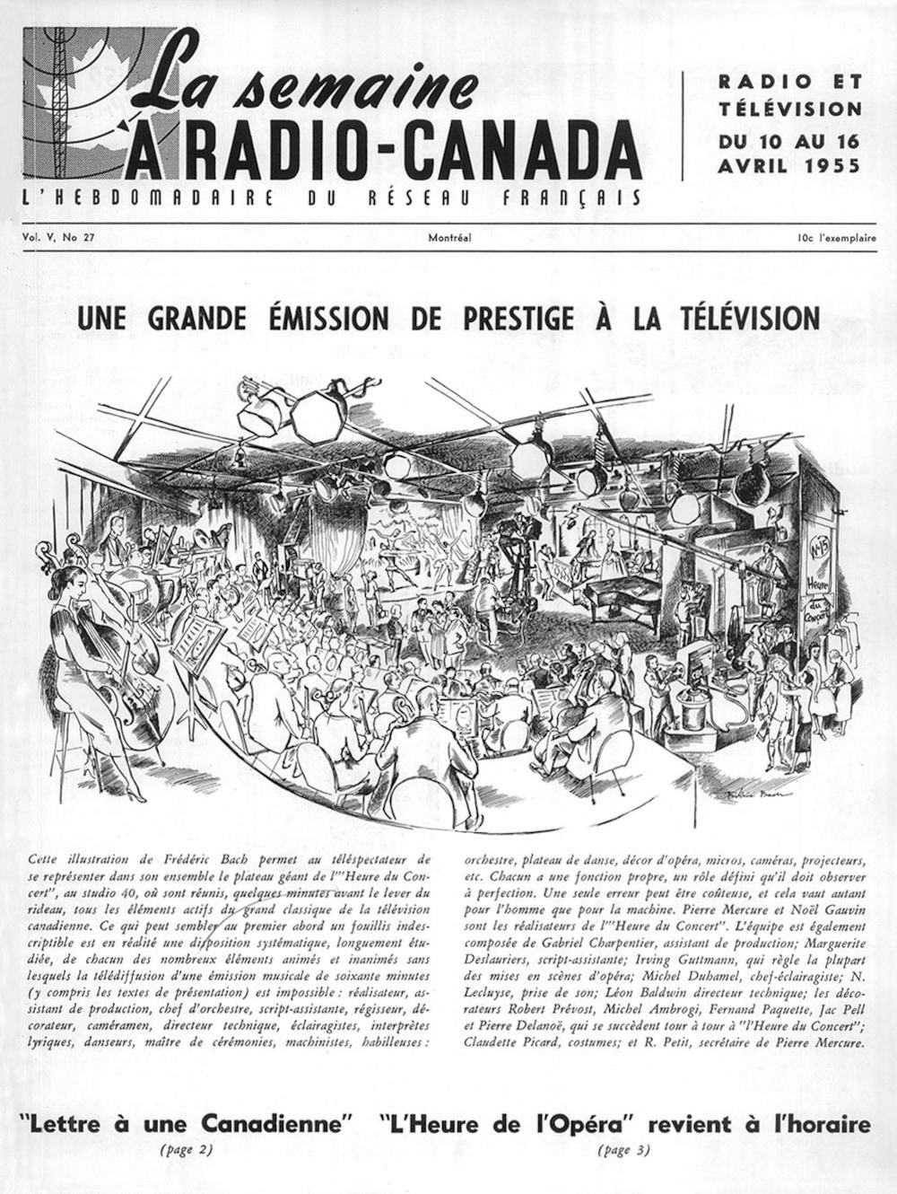 Page couverture de la revue « La semaine à Radio-Canada » titrée « Une grande émission de prestige à la télévision » avec une illustration du plateau de l'émission « L'heure du concert » signée Frédéric Back.