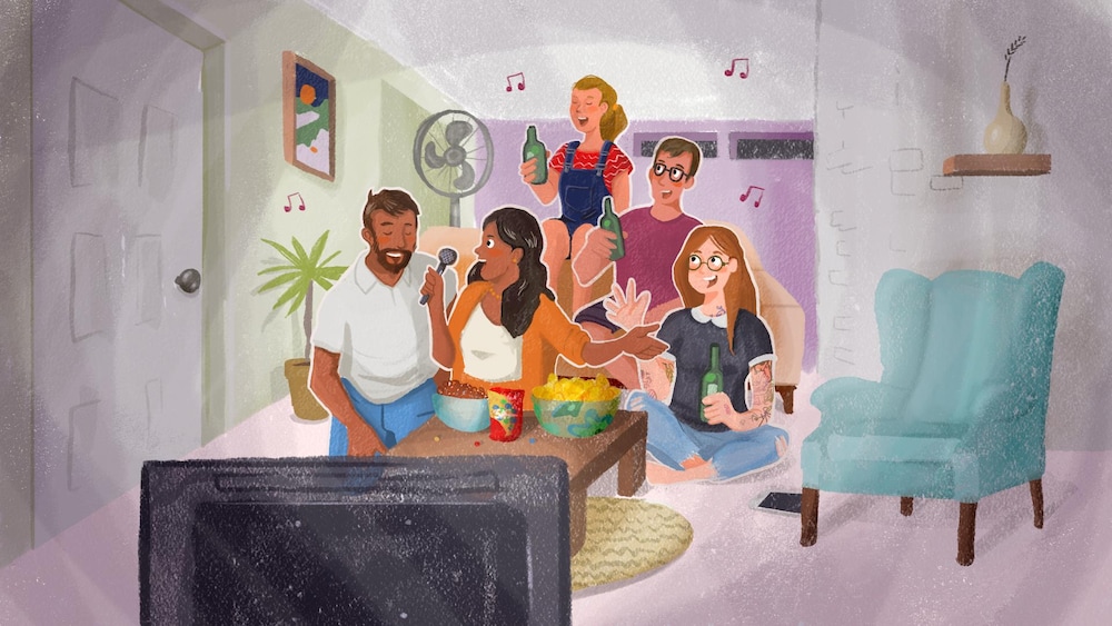 Cinq amis sont réunis dans un sous-sol pour une soirée karaoké.