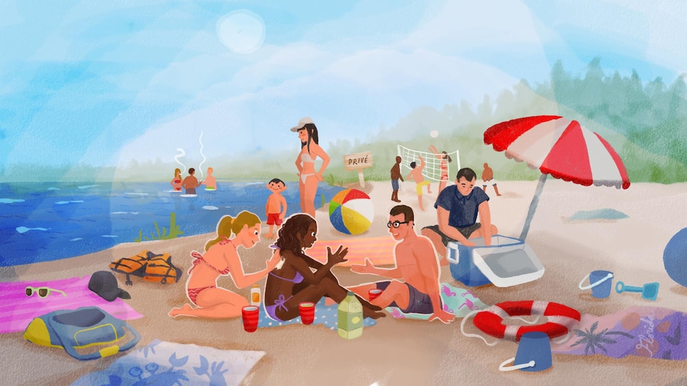 Des réunis sont rassemblés à la plage.