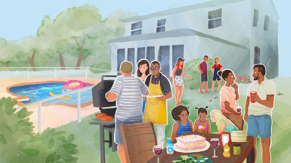 Des gens sont réunis autour d'un barbecue et d'une piscine pour l'anniversaire d'un enfant.