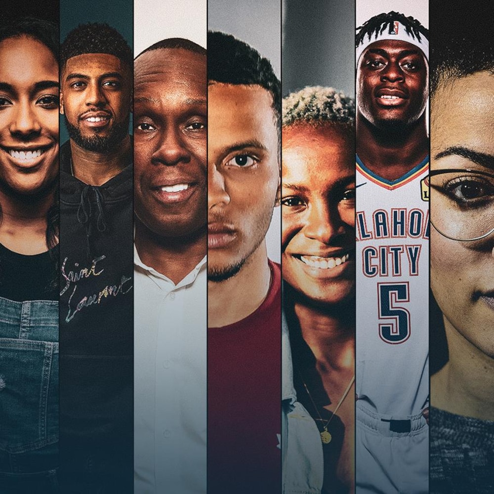 Kristel Ngarlem, Anthony Duclair, Bruny Surin, Andre De Grasse, Kimberly Hyacinthe, Luguentz Dort et Karine Sergerie regardent la caméra.