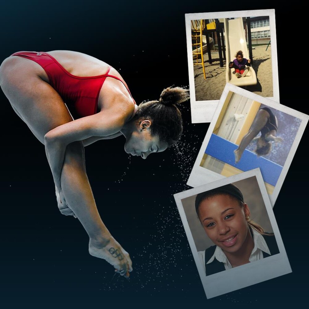 Une jeune femme effectue un plongeon en position carpée.