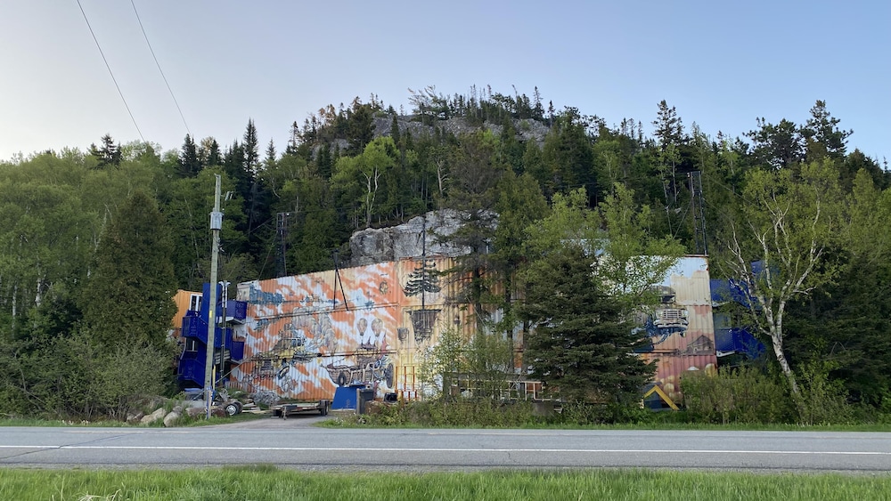 Containers empilés sur trois étages avec des graffitis peints dessus, devant une falaise.