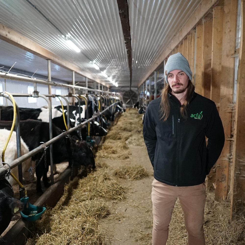 Gabriel Roussel dans sa ferme familiale, à côté de vaches laitières.