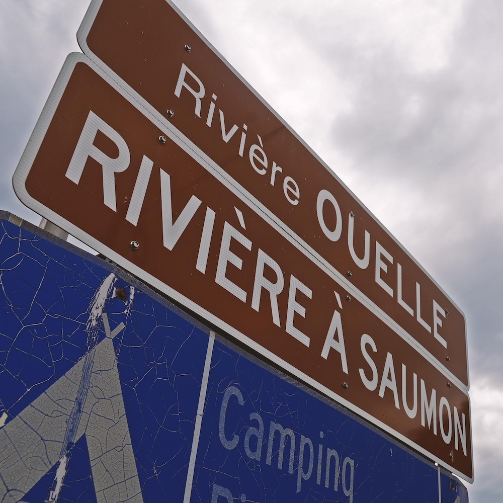 Affiche annonçant la rivière Ouelle et rivière à saumon. 