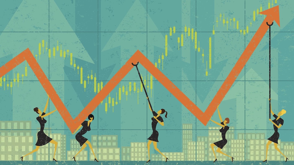 Illustration de femmes soutenant une flèche en croissance et en décroissance.