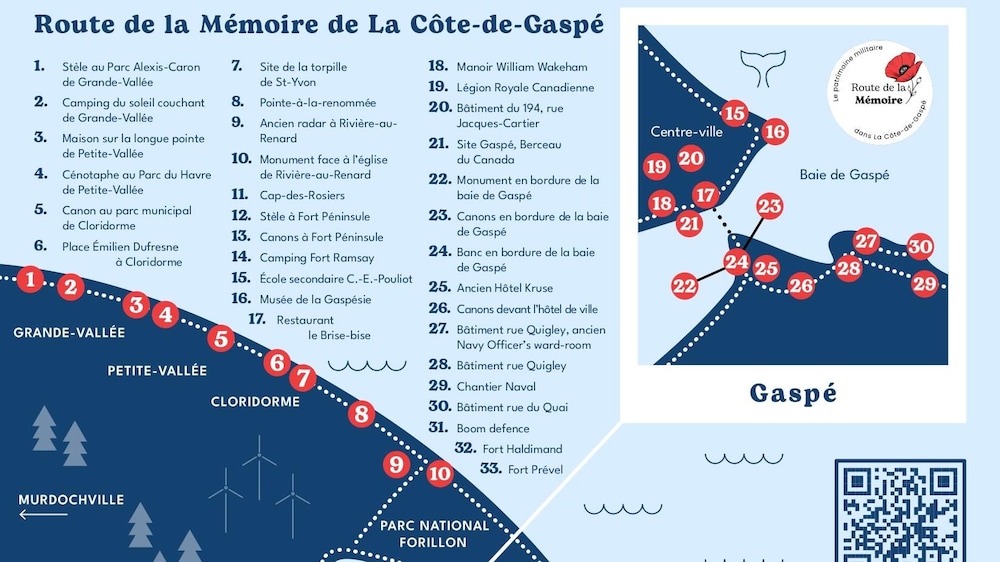 carte illustrant les lieux liés aux capsules audio qui racontent le passé militaire de La Côte-de-Gaspé.