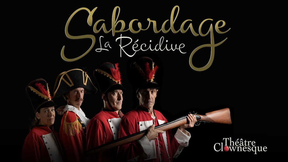Affiche d'n spectacle de théâtre clownesque avec quatre personnages vêtus comme des soldats d'une autre époque.