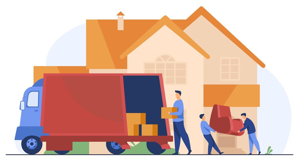 Illustration de personnes qui mettent des boîtes dans un camion de déménagement.