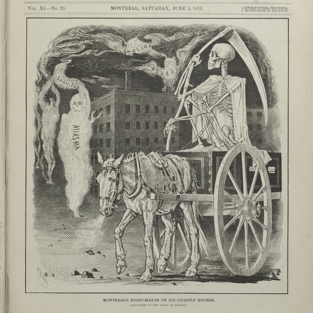 Une image en noir et blanc montrant un squelette tenant une faux monté sur un chariot tiré par un cheval, devant des fantômes portant le nom de différentes maladies.