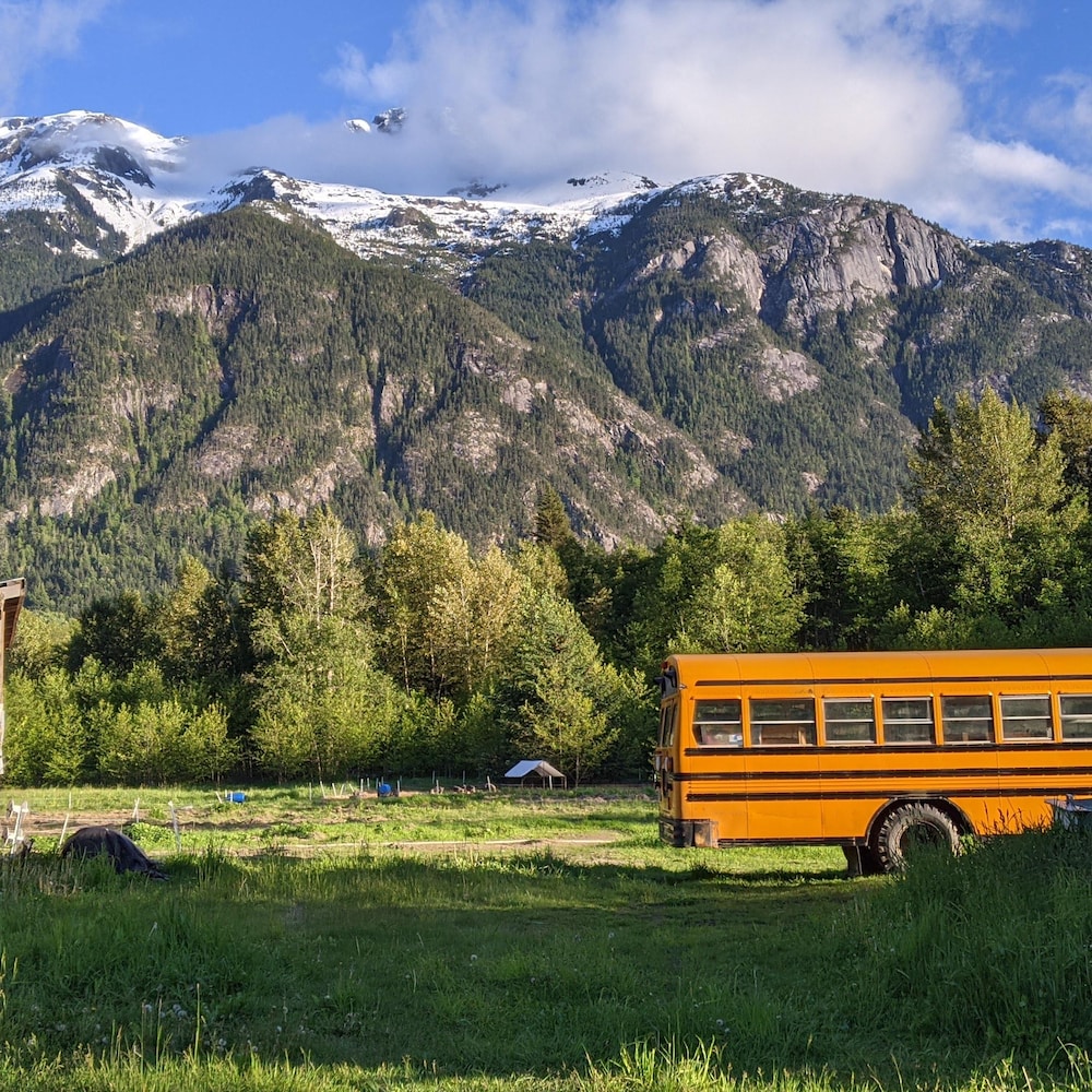 Ferme avec de vieux batiments, un vieux bus scolaire et les montagnes en arrière plan.