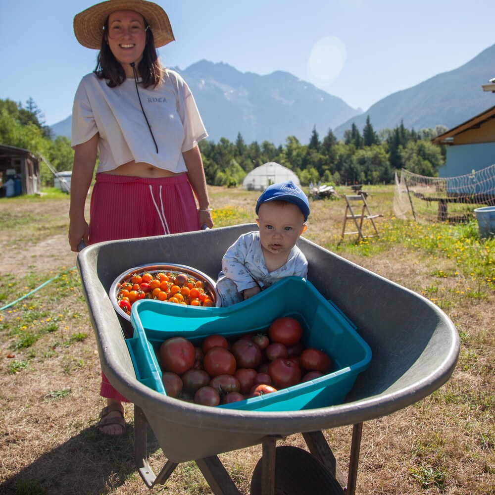 Une mère pousse une brouette remplie de tomates et un bébé assis dedans.