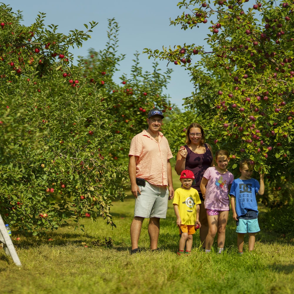 Une famille pose entre deux rangées de pommiers sur un verger.
