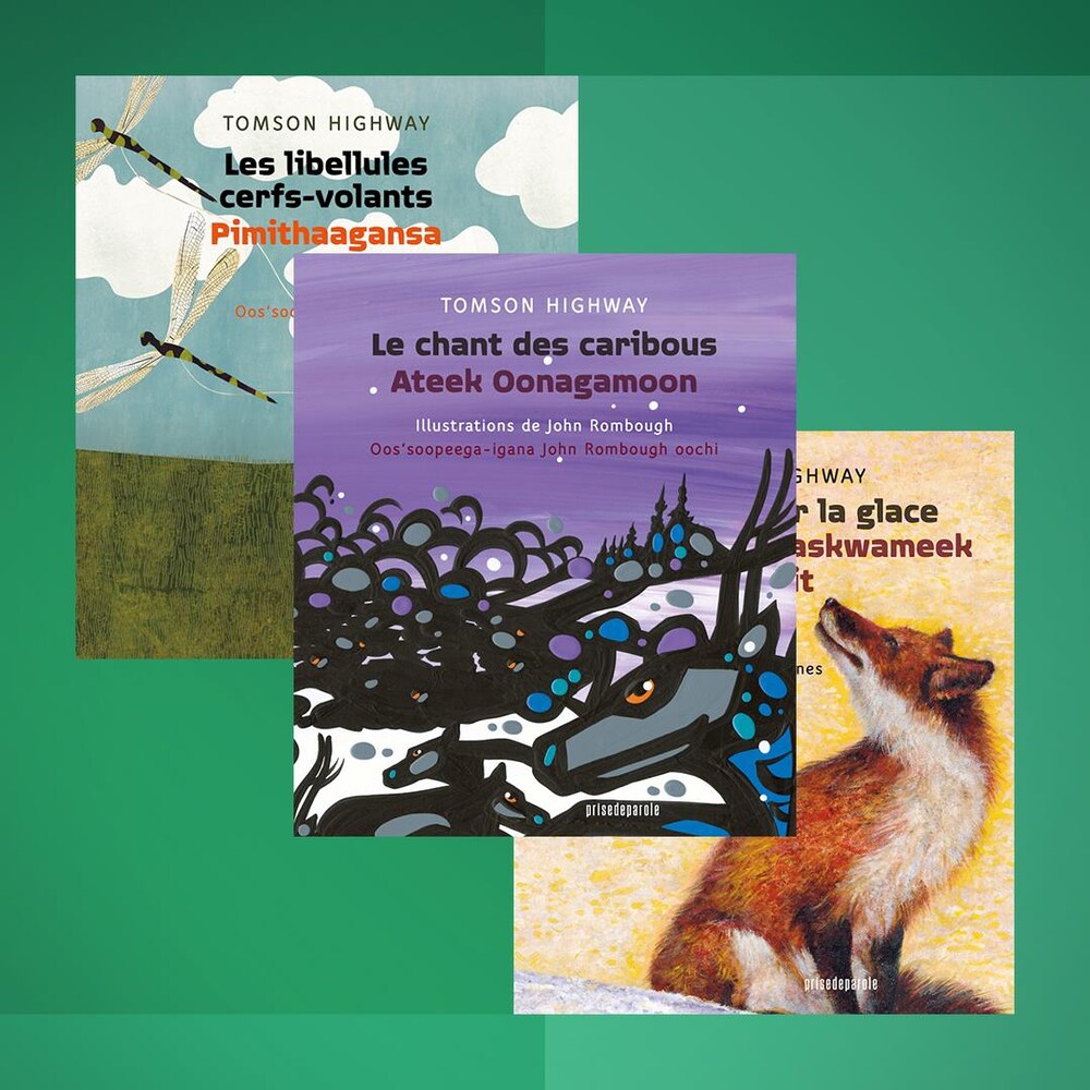 Les couvertures des livres « Les libellules cerfs-volant / Pimithaagansa », « Le chant des caribous / Ateek Oonagamoon » et « Un renard sur la glace / Maageesees maskwameek kaapit » de Tomson Highway.