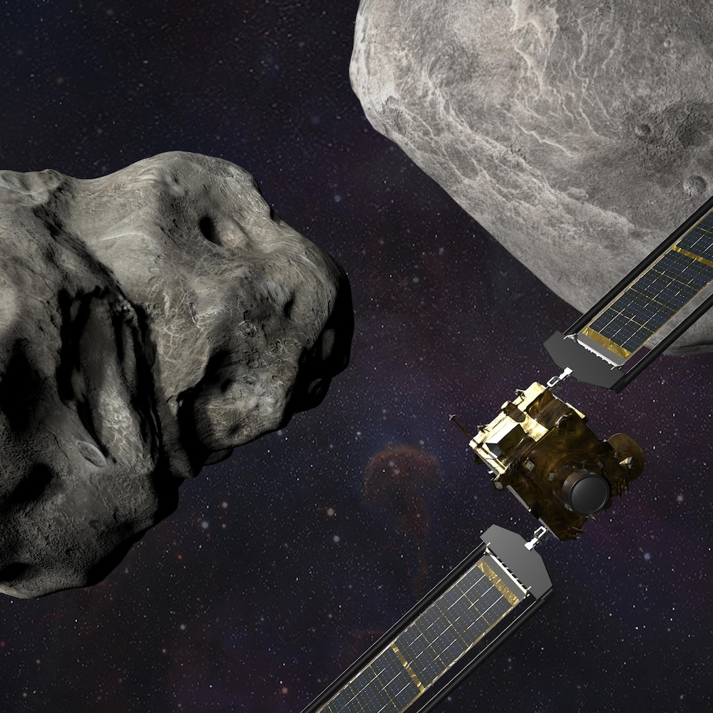 Illustration d'un satellite de la NASA qui s'apprête à percuter un astéroïde.