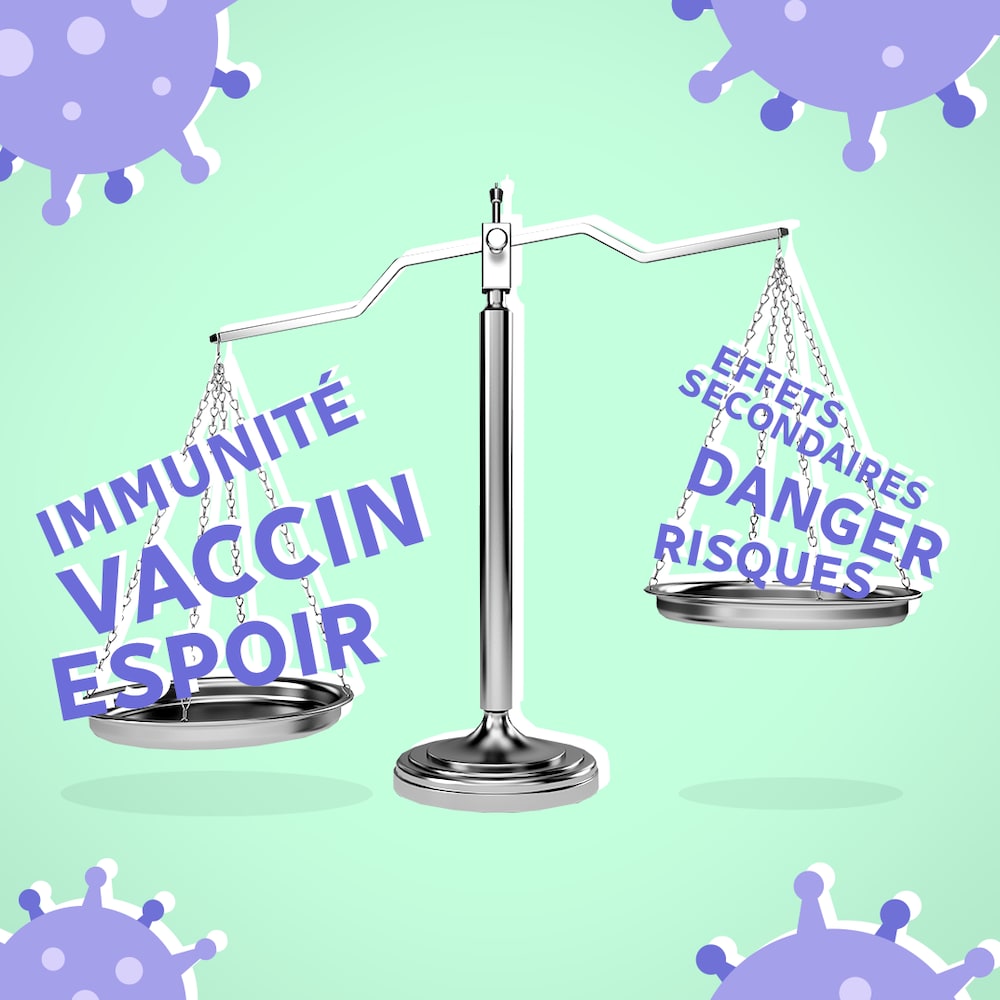 Illustration d'une balance où les mots immunité, vaccin et espoir semblent peser plus que les mots effets secondaires, danger et risques.