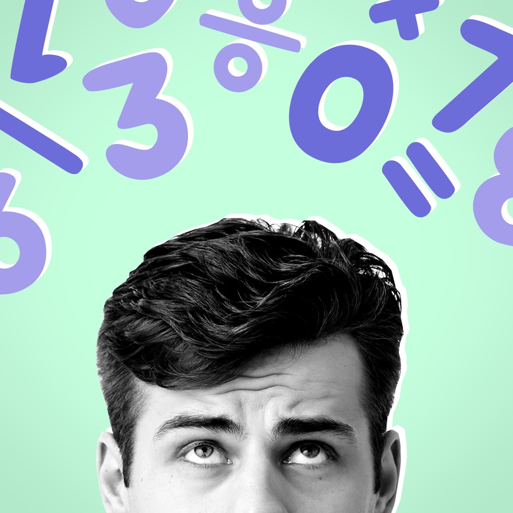 Illustration d'un homme qui regarde vers le haut entouré de chiffres et de symboles mathématiques.