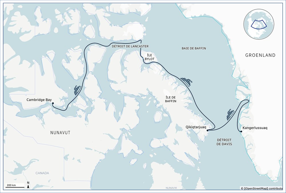 Carte du trajet du navire Greg Mortimer de Kangerlussuaq, au Groenland, à Cambridge Bay, au Canada.