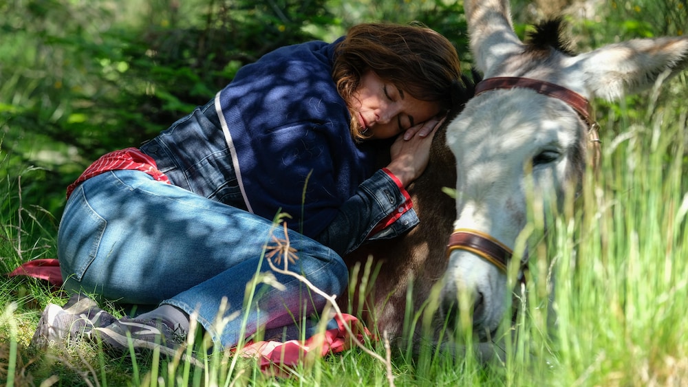 Gracieuseté de Cinémania Une jeune femme (Laure Calamy) allongée sur le flanc d'un âne, dans un pré.