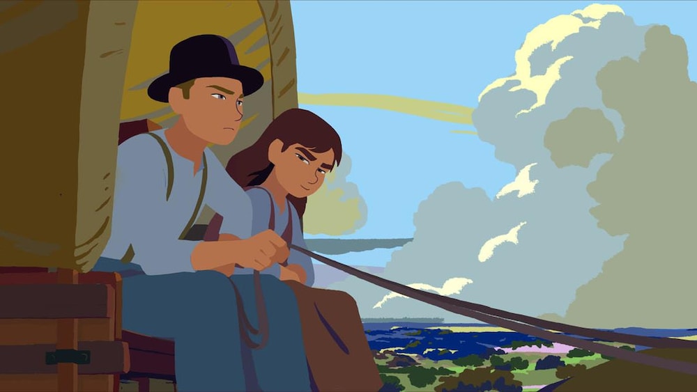 Axia Films Le dessin d'une fillette assise à côté d'un homme dans un chariot.