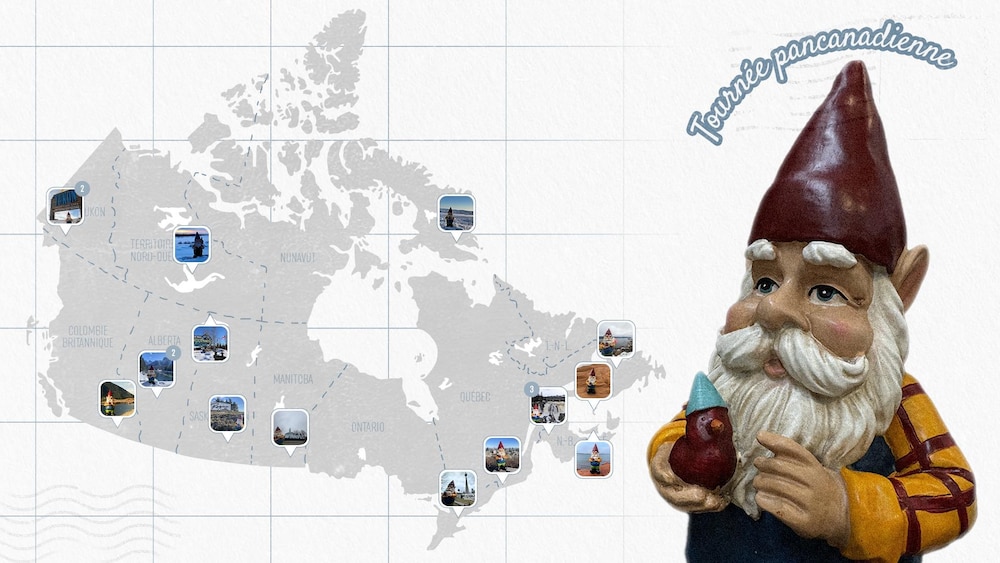 photos de nains de jardin sur carte du Canada.