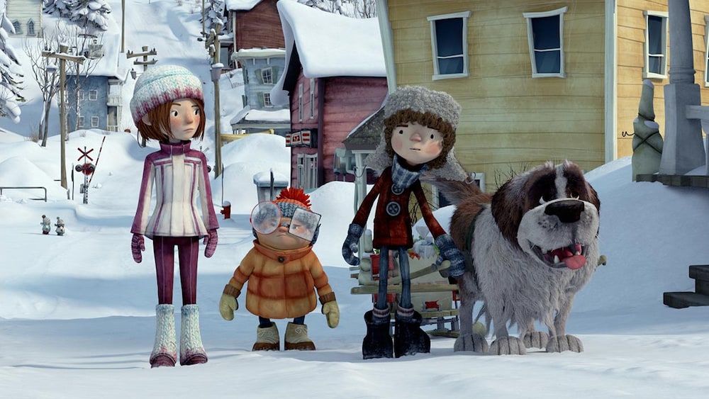 Les films Séville Un dessin d'une petite fille, deux petits garçons et un chien dans une rue enneigée