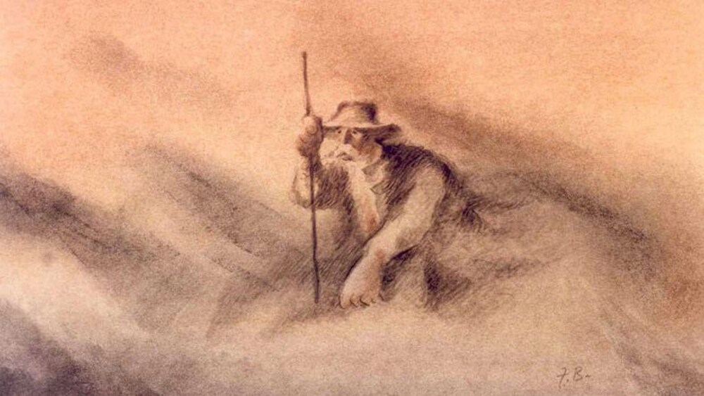 Un dessin rosé d'un vieil homme avec un bâton.