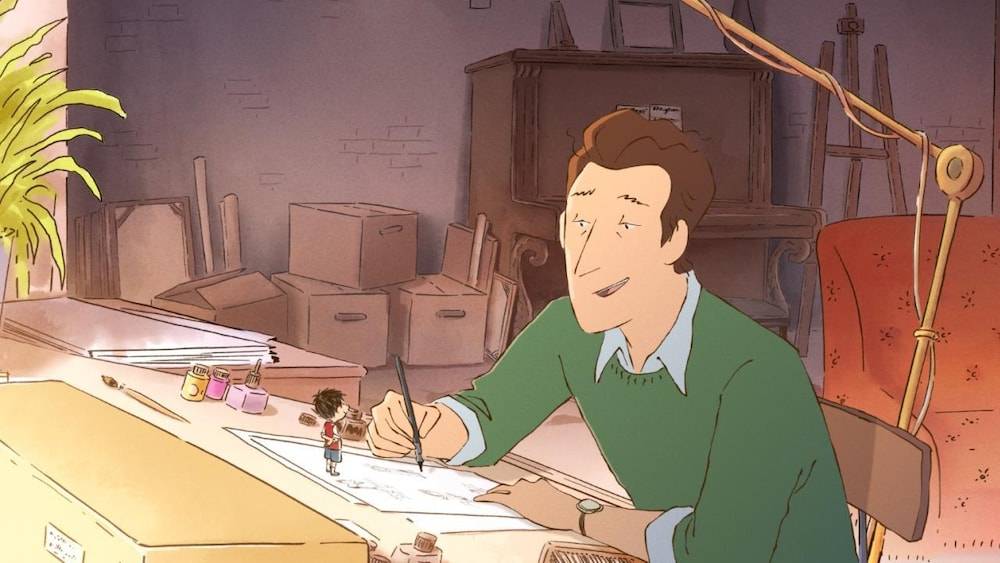 3 Le dessin d'un homme attablé à sa table à dessin devant un minuscule personnage.