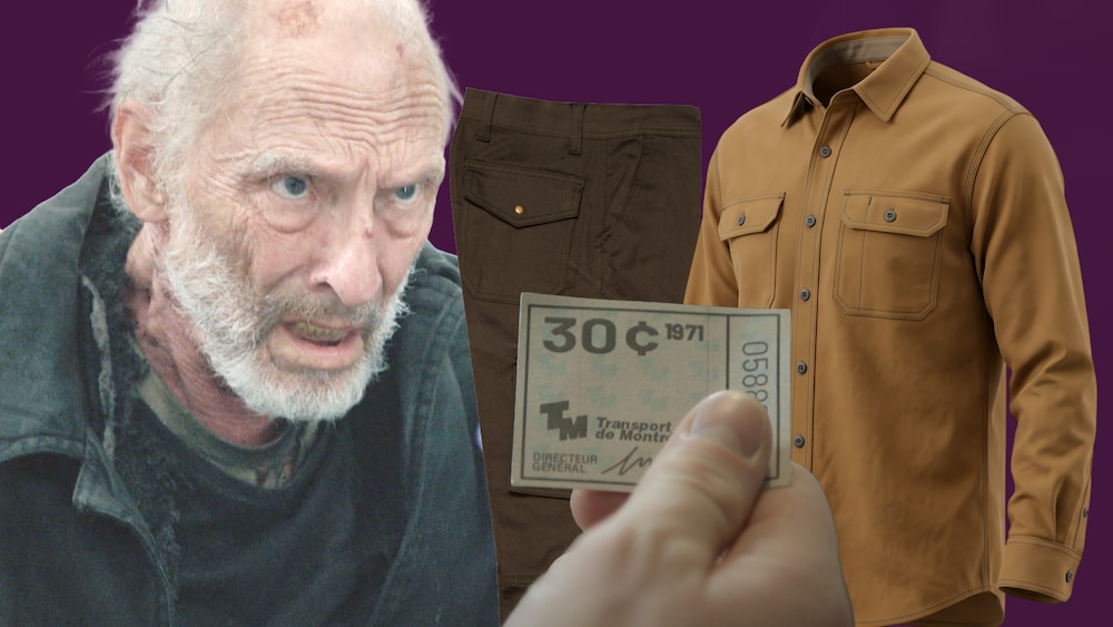 Un montage avec l’homme-loup (Guy Thauvette), un pantalon brun style militaire, une chemise brune et un billet de métro de 1971.

