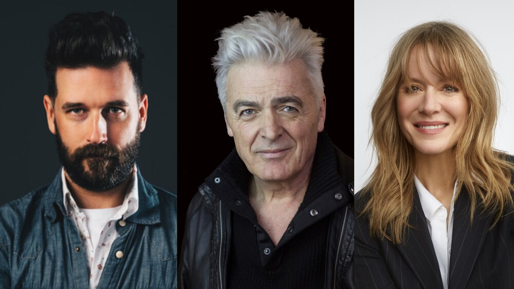 Stewart MacLean, Guylaine Payant et Alexis Belhumeur Les trois artistes posent à la caméra.