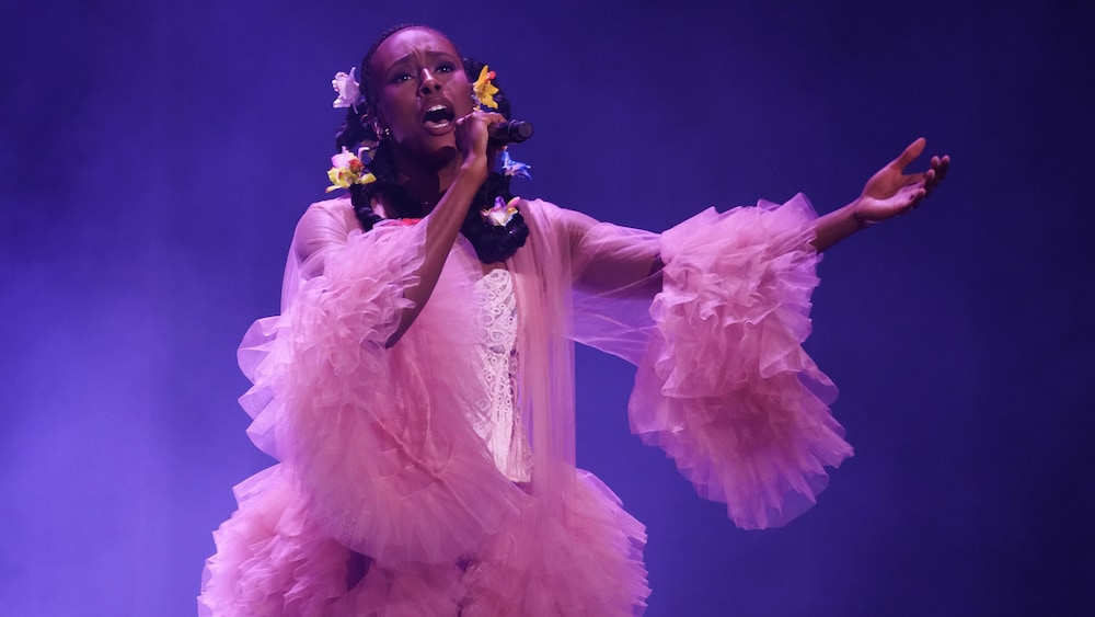 L'artiste performe sur le plateau.