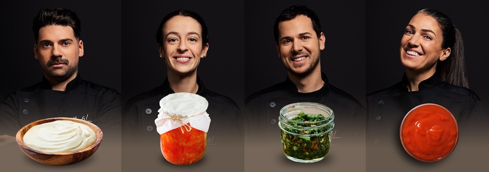 Radio-Canada Un montage photograph de la brigade des chefs avec des condiments.