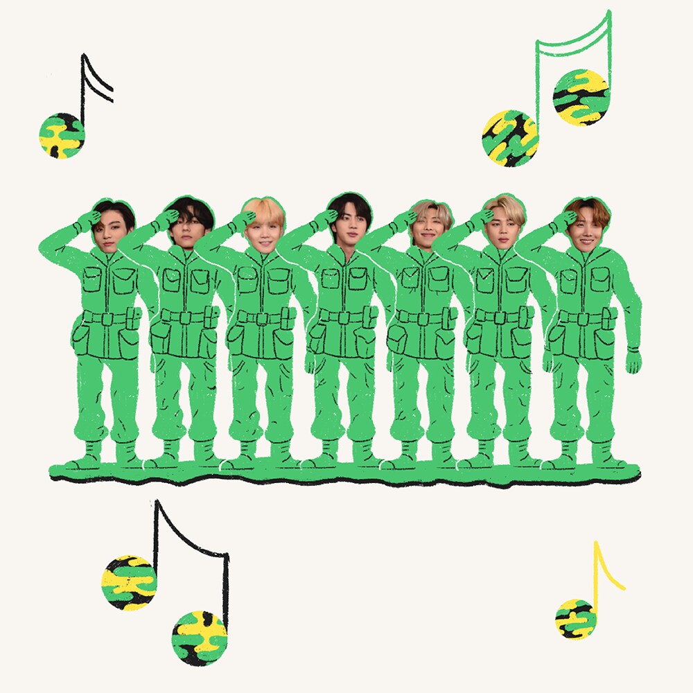 Illustration de 7 jouets de soldats sur lesquels on a collé des photos des têtes des membres du groupe de K-Pop BTS. Des notes de musique avec un motif camouflage.