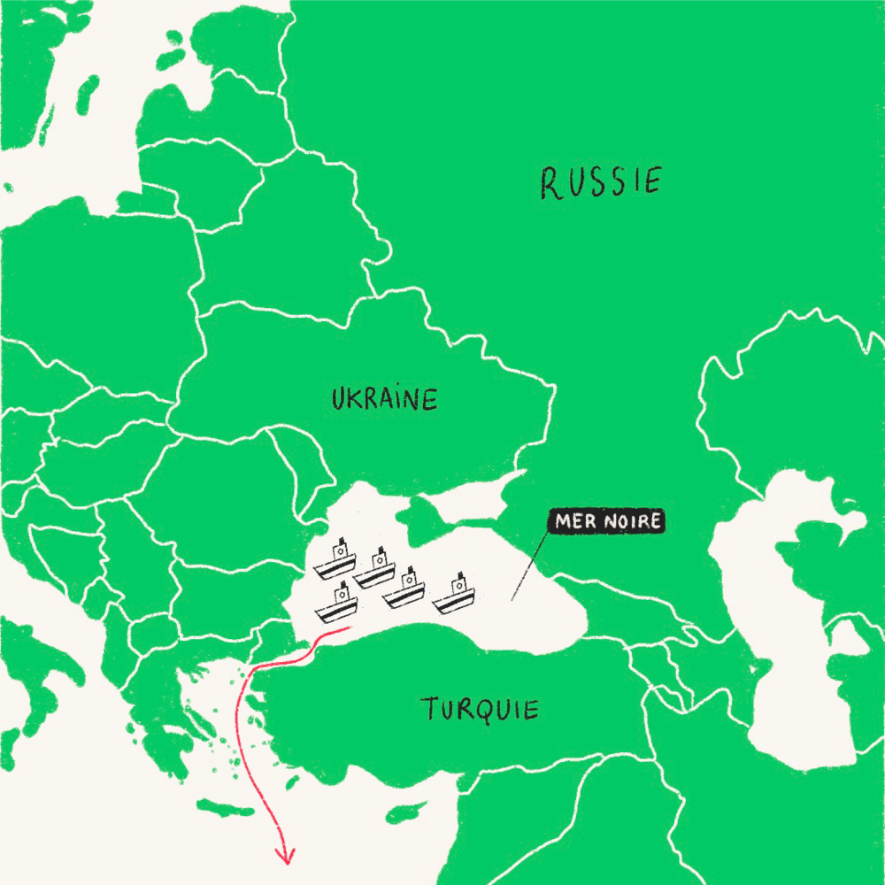 Une illustration d'une carte des pays situés près de la mer Noire. L'Ukraine, la Russie et la Turquie sont identifiées. Dans la mer Noire, une illustration de 5 bateaux. Une flèche montre que les bateaux passent de la mer Noire à la mer Méditerranée en utilisant le Bosphore.