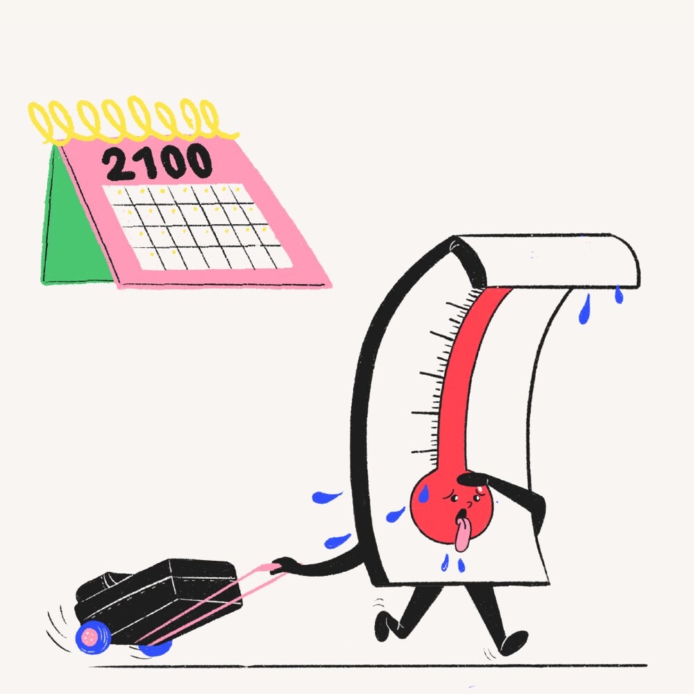 Illustration d'un personnage thermomètre qui sue à grosses goutes. Il tient une valise. Un soleil brille au-dessus de lui. Près de lui, un calendrier avec l'année 2100 écrite dessus. 