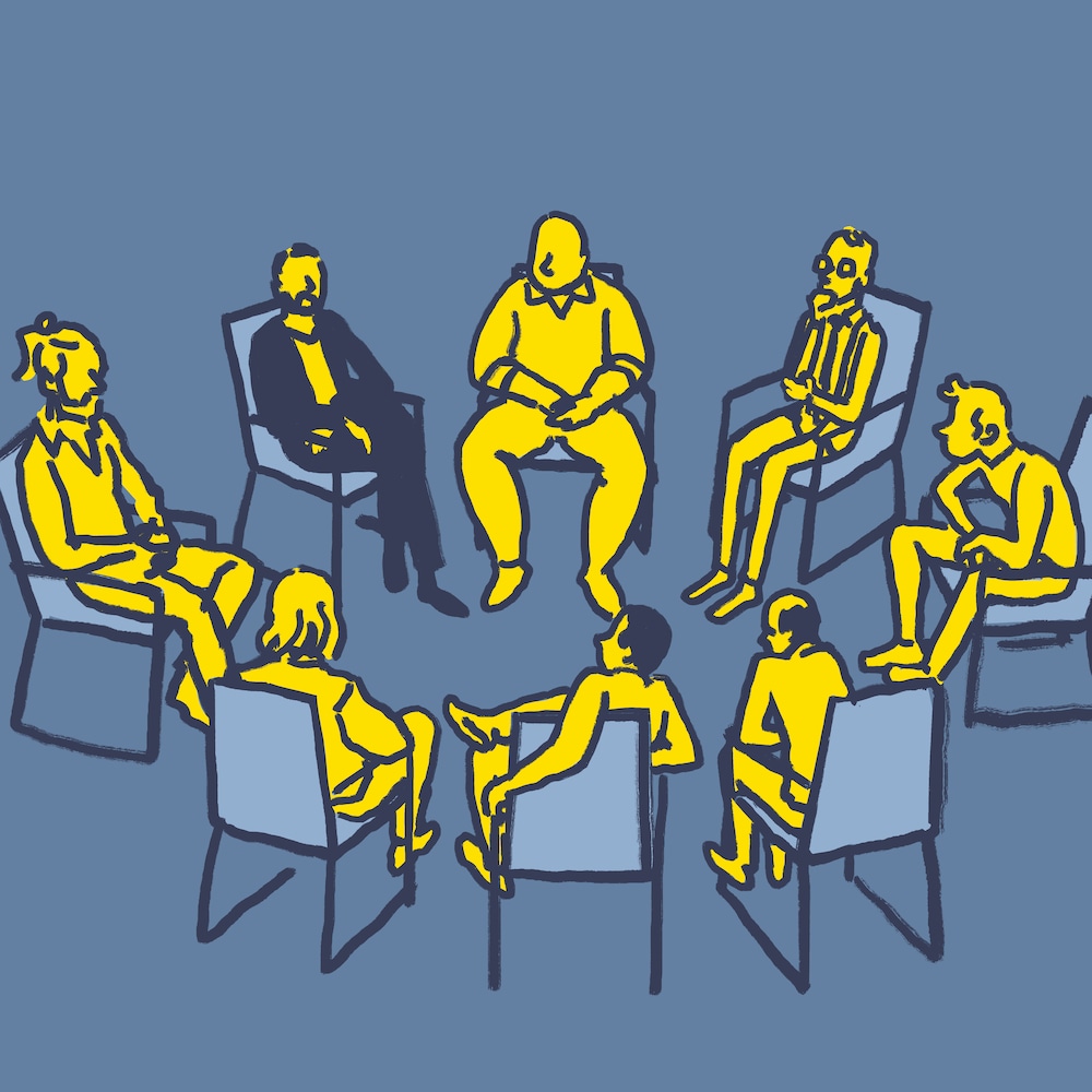 En dessin : des personnes assises sur des chaises disposées en cercle.